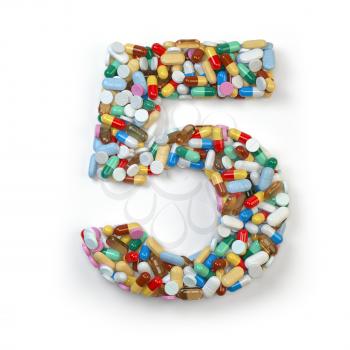 Number 5 five. Set of alphabet of medicine pills, capsules, tablets and blisters isolated on white. 3d illustration