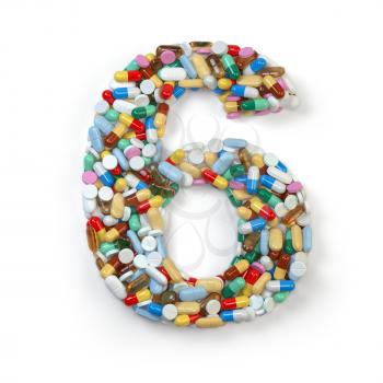 Number 6 six. Set of alphabet of medicine pills, capsules, tablets and blisters isolated on white. 3d illustration