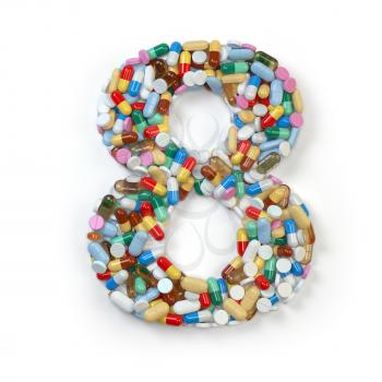 Number 8 eight. Set of alphabet of medicine pills, capsules, tablets and blisters isolated on white. 3d illustration