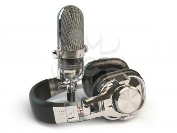 Microphone and headphones isolated on white. Audio recording or radio concept. 3d illustration