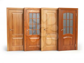 Sale of wooden doors isolated on white. Interior design or marketing concept. 3d illustration