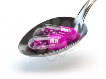Pills with manganese MN element in the spoon. Dietary supplements. Vitamin capsules. 3d illustration