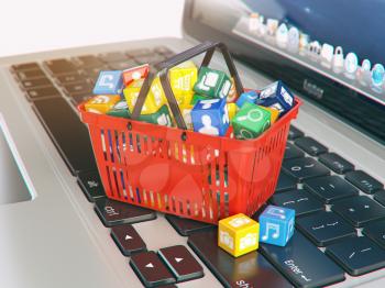 Laptop computer application software icons in the shopping basket. Store of apps concept. 3d illustration