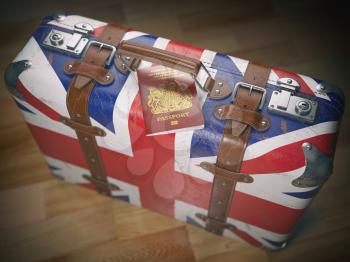 Travel or immigration concept. Passport of UK and suitcase with flag of United Kingdom. 3d illustration