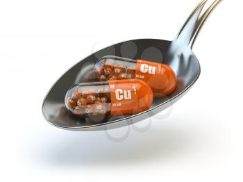 Pills with CU copper element in the spoon. Dietary supplements. Vitamin capsules. 3d illustration