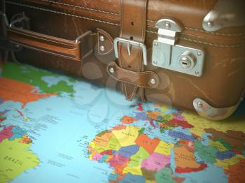 Travel and vacations background concept. Vintage suitcase on the world map. 3d illustration