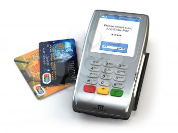 POS terminal with credit cards isolated on white background. 3d illustration