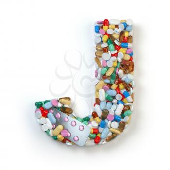 Letter J. Set of alphabet of medicine pills, capsules, tablets and blisters isolated on white. 3d illustration