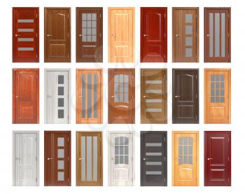 Set of wooden doors isolated on white background. 3d illustration