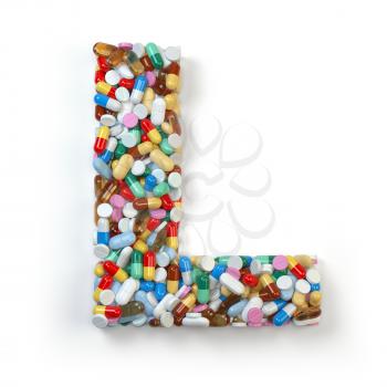 Letter L. Set of alphabet of medicine pills, capsules, tablets and blisters isolated on white. 3d illustration