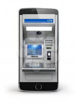 Mobile online banking and payment concept. Smart phone as ATM  isolated on white background. 3d illustration