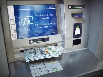 ATM machine and money. Withdrawing dollar banknotes. 3d illustration