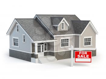House and for sale real estate sign isolated on white. 3d illustration