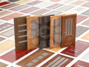 Different wooden doors on catalog with samples. Interior design and construction concept. 3d illustration