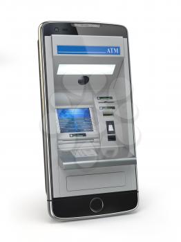 Mobile online banking and payment concept. Smart phone as ATM  isolated on white background. 3d illustration