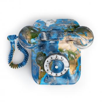 Global communication concept. Telephone with erth texture isolated on white, Elements of this image furnished by NASA. 3d illustration