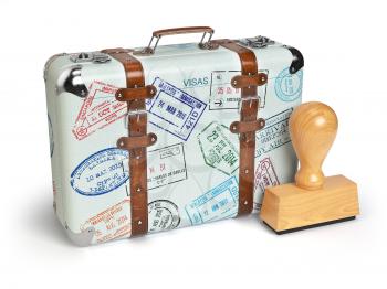 Travel or turism concept. Old suitcase with visa stamps isolated on white. 3d illustration