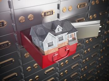 House in opened safe deposit box. Home safety or investment and savings concept. 3d illustration