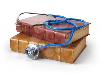 Stethoscope on medical books isolated on white, Medicine and medical education concept. 3d illustration