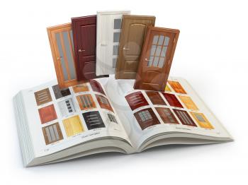 Selection o wooden doors by cataog with samples. Interior design and construction concept. 3d illustration