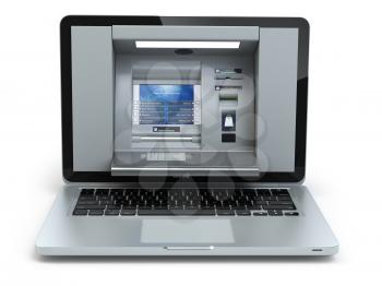 Online banking and payment concept. Laptop as ATM  machine isolated on white background. 3d illustration