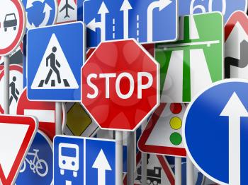 Stop. Traffic road signs on the sky background. 3d illustration