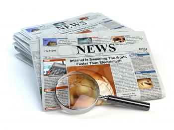 News concept. Newspapers and magnifying glass isolated on white. 3d illustration