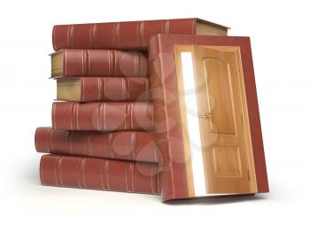 Education, knowledge and reading concept. Pile of old red books and door with light isolated on white. 3d illustration