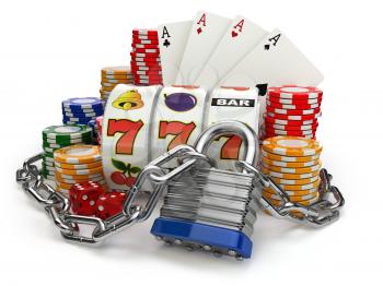 Gambling addiction concept. Slot machine, casino chips and chain with lock. 3d illustration