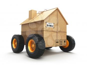 Cardboard house box with wheels isolated on white background. Moving, logistics and delivery concept. 3d illustration