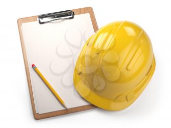 Hard hat with clipboard isolated on white background. Construction concept. 3d illustration