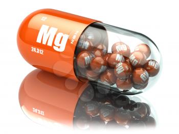 Manganese magnesium Mg element pill. Dietary supplements. Vitamin capsules. 3d illustration