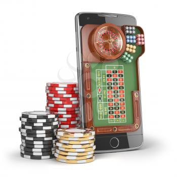 Online casino concept. Mobile phone with roulette and casino chips  isolated on white background. 3d illustration