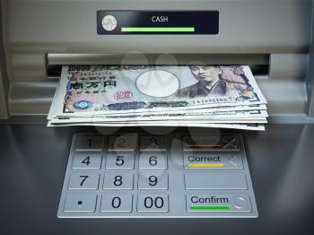 ATM machine and money. Withdrawing yen banknotes. 3d illustration