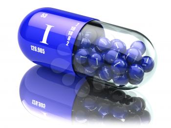 Iodine I element pills. Dietary supplements. Vitamin capsules. 3d illustration