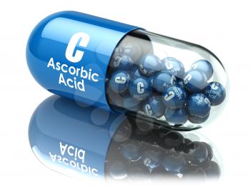 Vitamin C capsule or pill. Ascorbic acid. Dietary supplements. 3d illustration