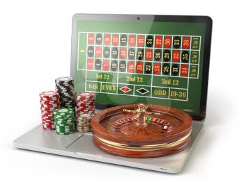Online roulette casino concept. Laptop with roulette and casino chips isolated on white  background. 3d illustration