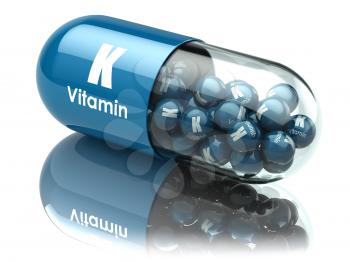 Vitamin K capsule or pill. Dietary supplements. 3d illustration