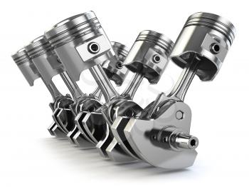 V6 engine pistons and crankshaft isolated on white background. 3d illustration