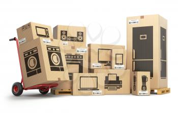 Household kitchen appliances and home electronics in carboard boxes isolated on white. E-commerce, internet online shopping and delivery concept. 3d illustration