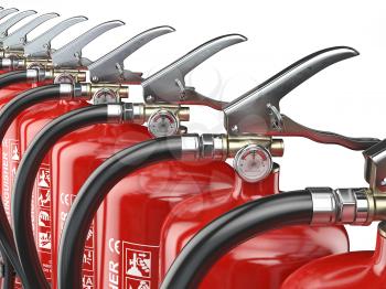 Row of fire extinguishers isolated on white background.  3d illustration