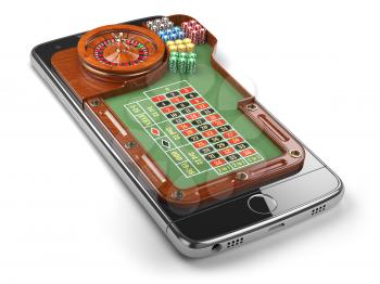 Mobile phone with roulette and casino chips  isolated on white background. Online casino concept. 3d illustration
