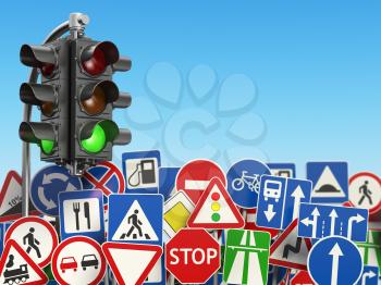 Traffic road signs on the sky background. 3d illustration