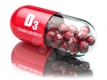 Vitamin D3 capsule or pill. Dietary supplements. Cholecalciferol. 3d illustration