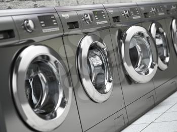 Row of washing machines in a public laundromat. 3d illustration