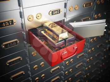 Open safe deposit box with  golden ingots. Financial banking investment concept. 3d illustration