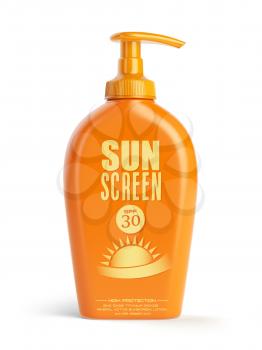 Sun screen cream,  oil and lotion containers. Sun protection and suntan cosmetics isolated on white background. 3d illustration