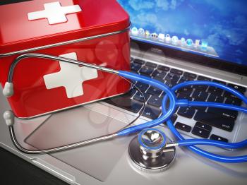 First medical aid or technical support concept. Laptop with first aid kit and stethoscope. 3d illustration