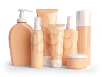 Set of cosmetic products.  Cosmetic series of different daily beauty care products isolated on white background. Containers for cream, ointment, lotion and soap. 3d illustration