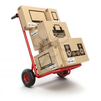 Sale and delivery of computer technics concept. Hand truck and cardboard boxes with PC, laptop, computer monitor and printer isoolated on white. 3d illustration